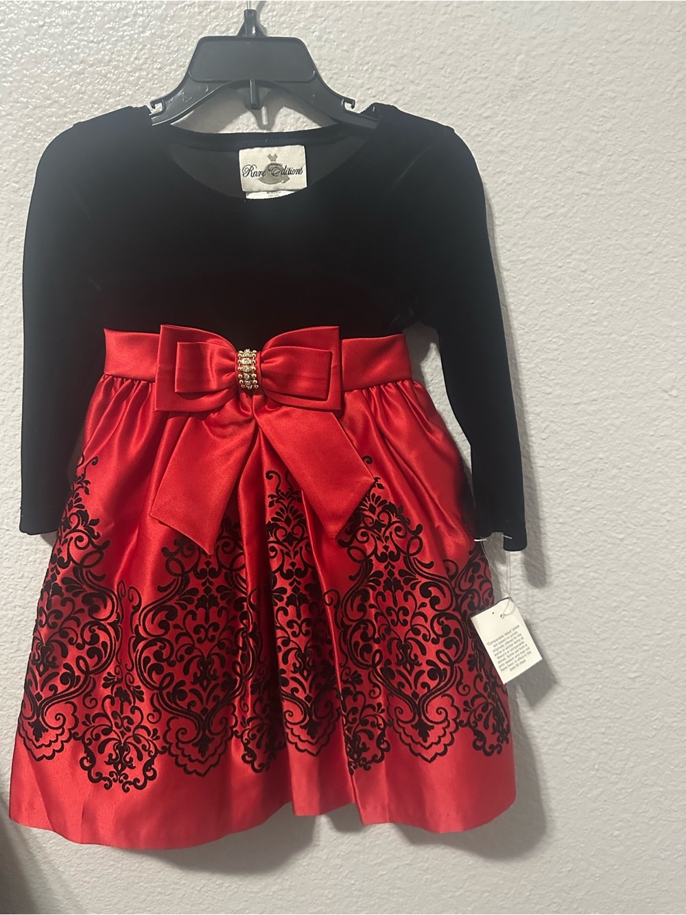 Rare Editions Black Velvet Bodice with Red Satin Floral Skirt Girls Dress